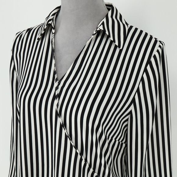 Talbots Top Small Womens Black White Stripe Blouse Side Zip Faux Wrap Pullover - Picture 9 of 13
